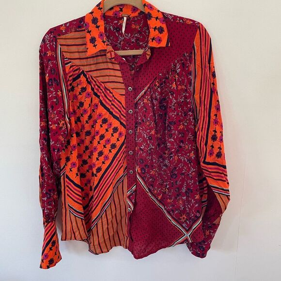 FREE PEOPLE Hazel Buttondown / Chili Pepper Combo. Size Xsmall NWT - Picture 3 of 12